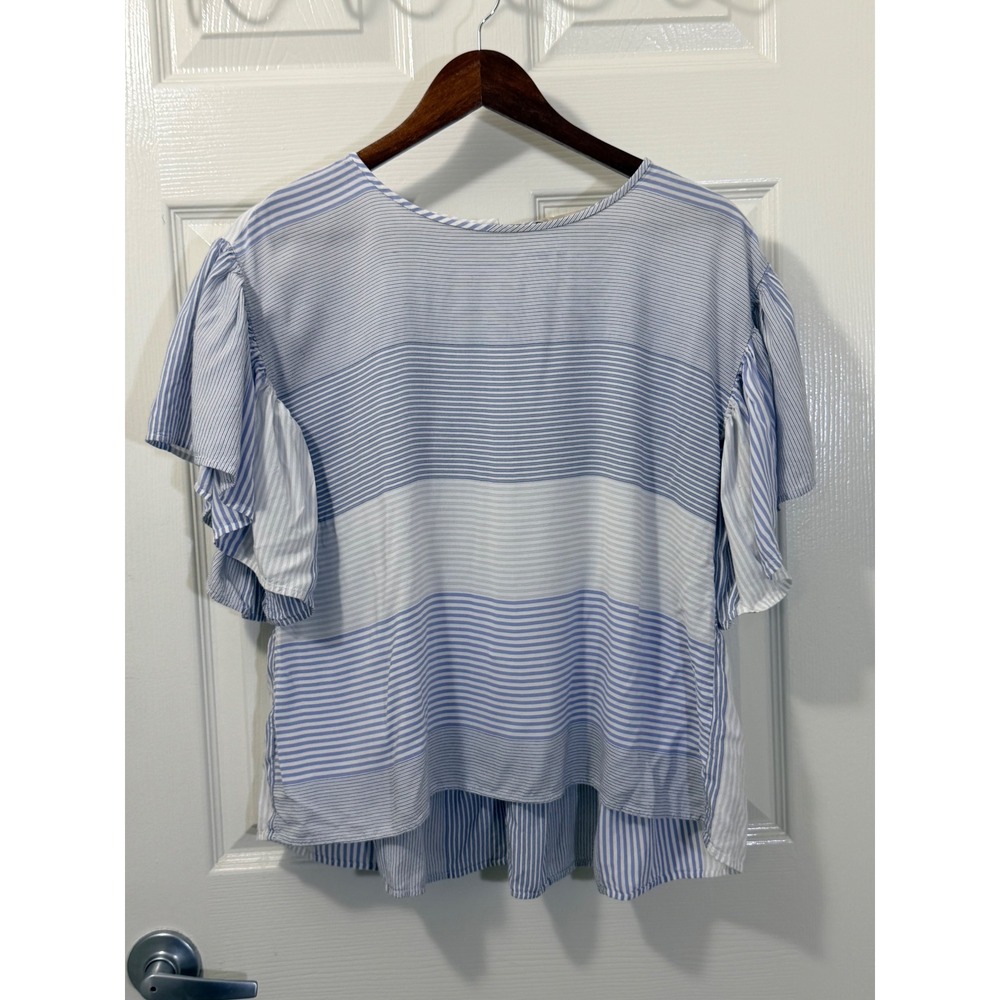 Loft Womens Blue White Striped Ruffle Sleeve Button Back Peplum Blouse Small